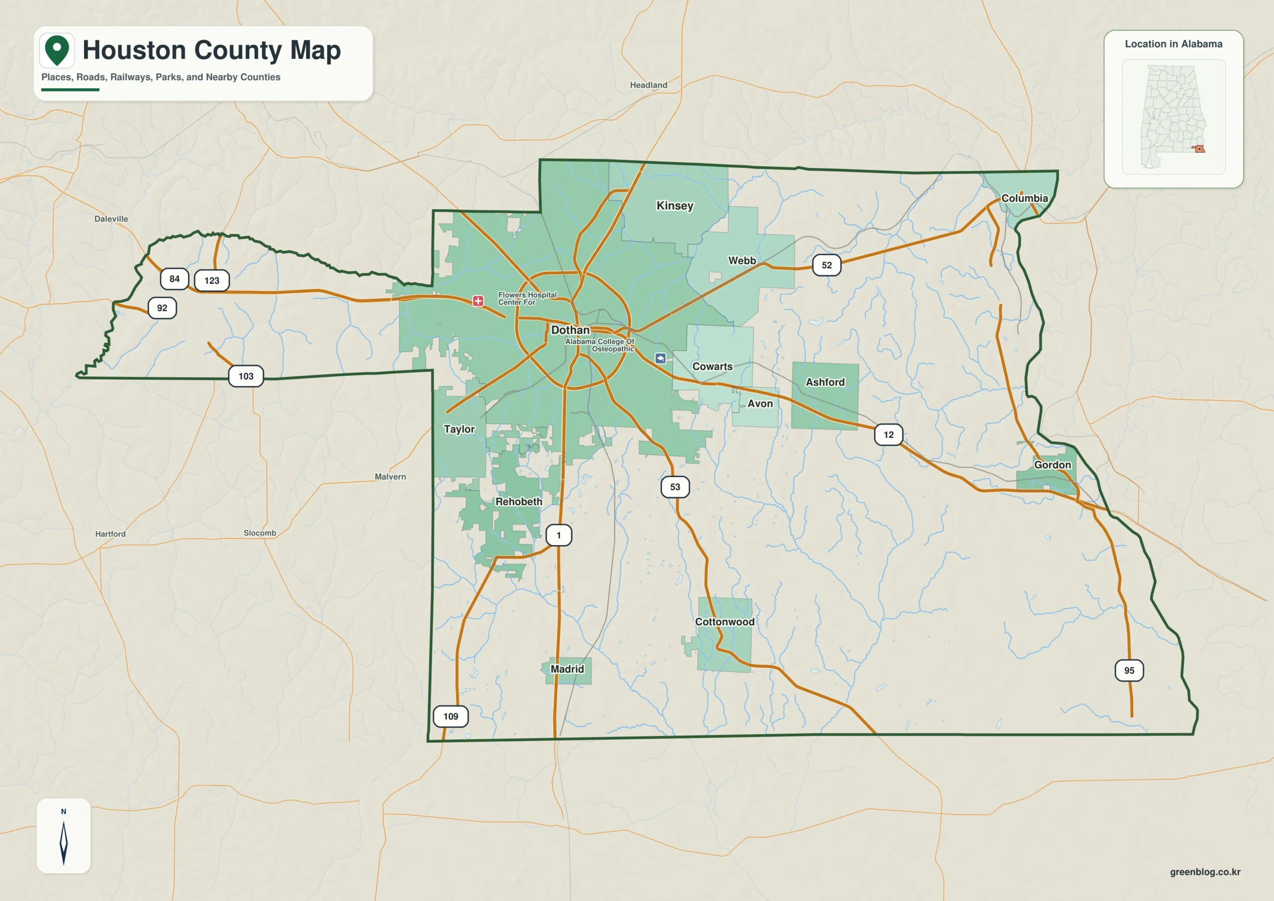 휴스턴 카운티 Houston County 앨라배마 지도에서 카운티 경계와 주요 지명을 확인하는 지도