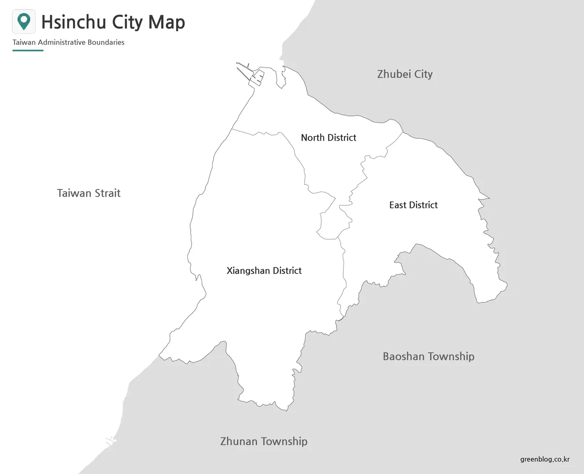 Black and white Hsinchu City district map with English labels and boundary lines