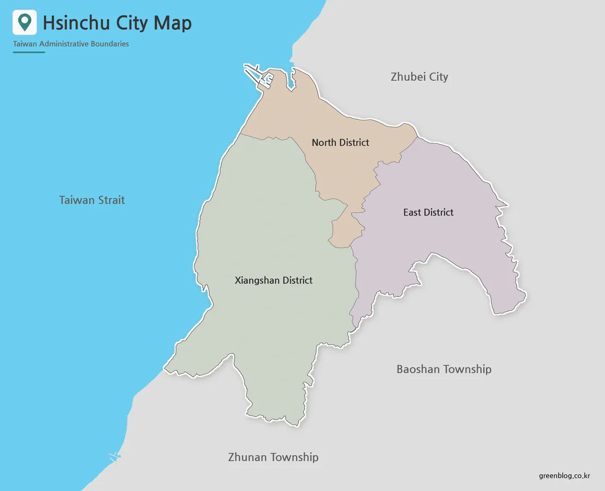 Printable Hsinchu City map with three color-coded administrative districts