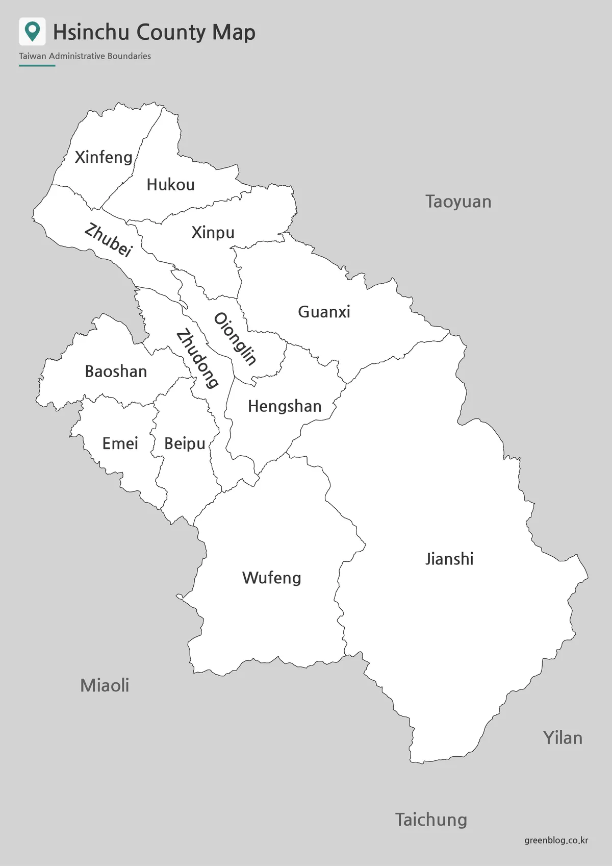 Printable black and white Hsinchu County map with city town and township boundaries
