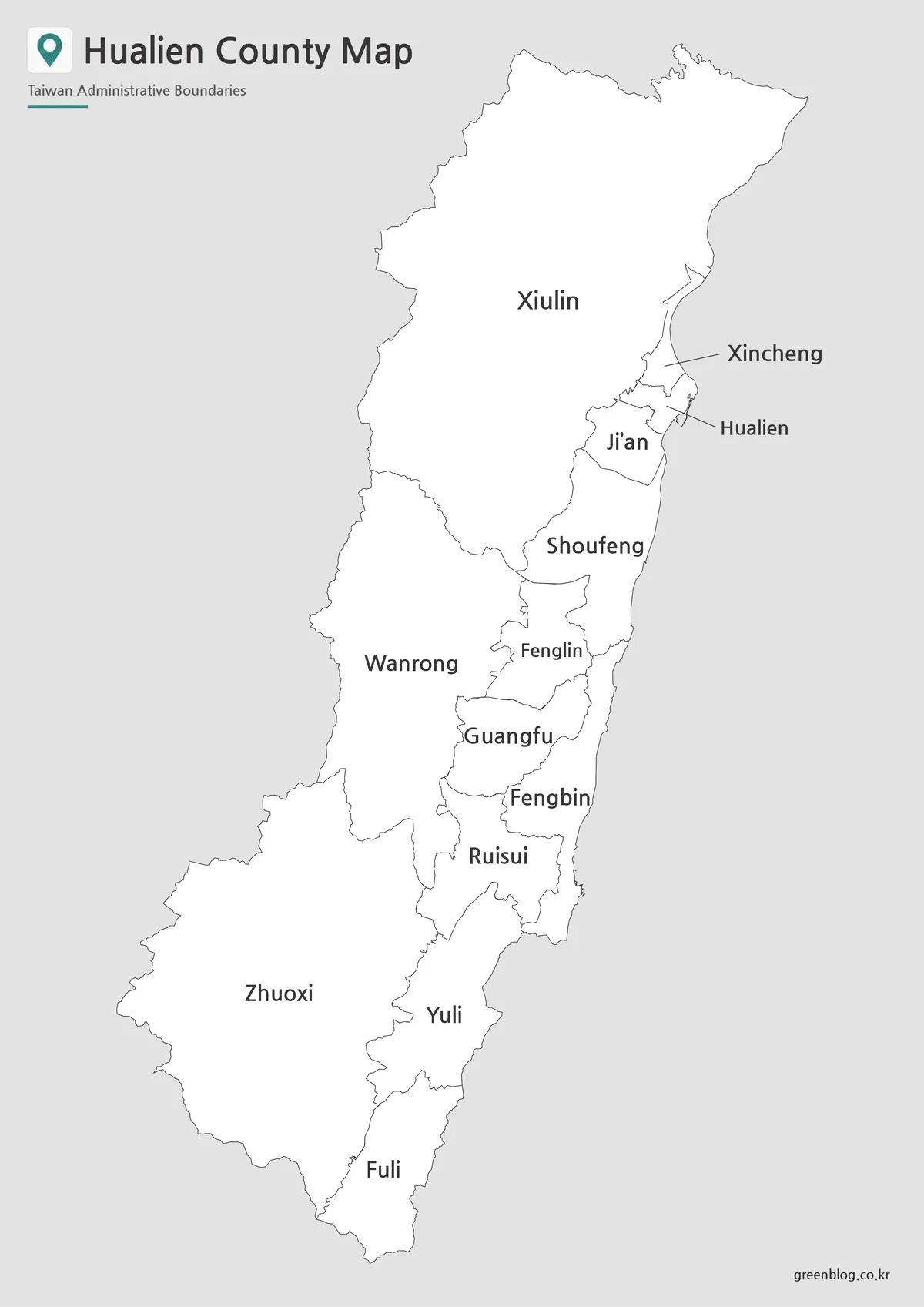 Black and white Hualien County map with city and township boundaries.