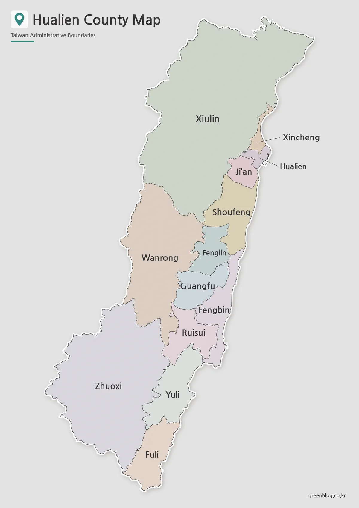 Hualien County map with administrative boundaries for printable use