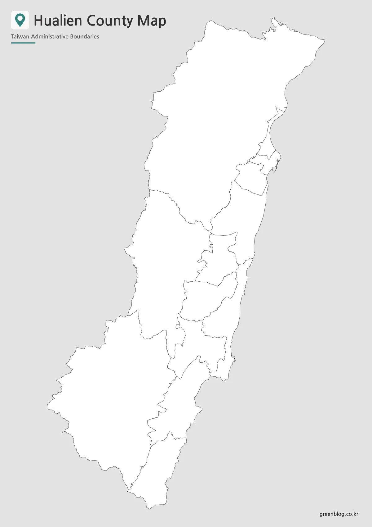 Hualien County outline map with internal administrative boundary lines for editing.
