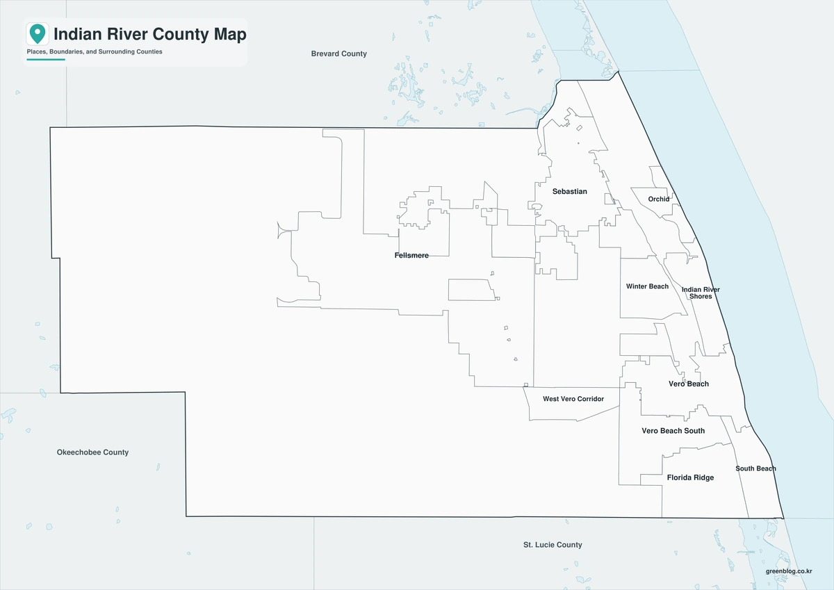 Black-and-white Indian River County map with selected place labels