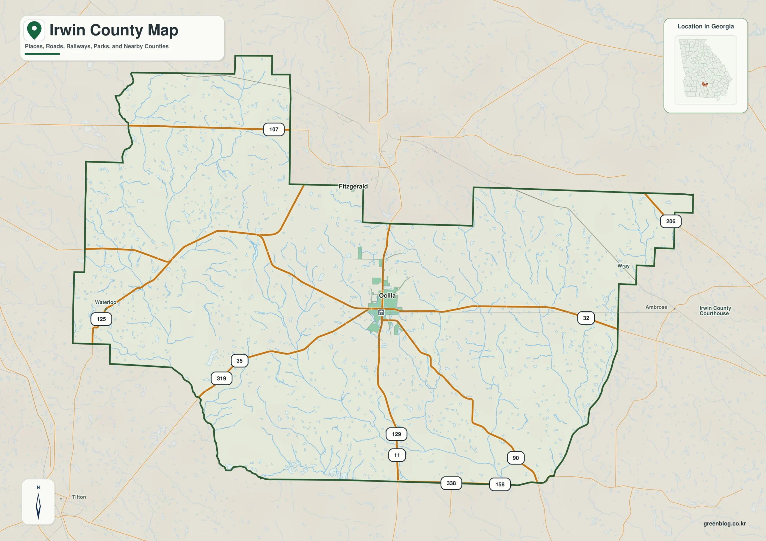 Irwin County Georgia map showing the county boundary and selected places