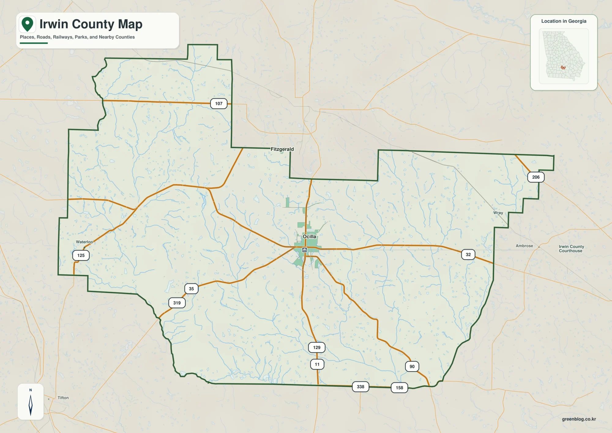 어윈 카운티 Irwin County 조지아 지도에 표시된 카운티 경계와 주요 지명