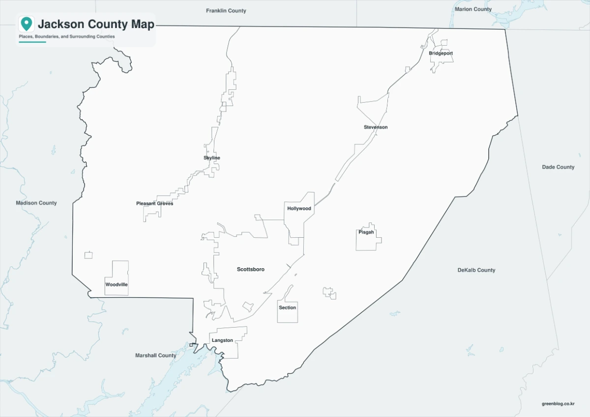 Jackson County map black and white version with selected labels