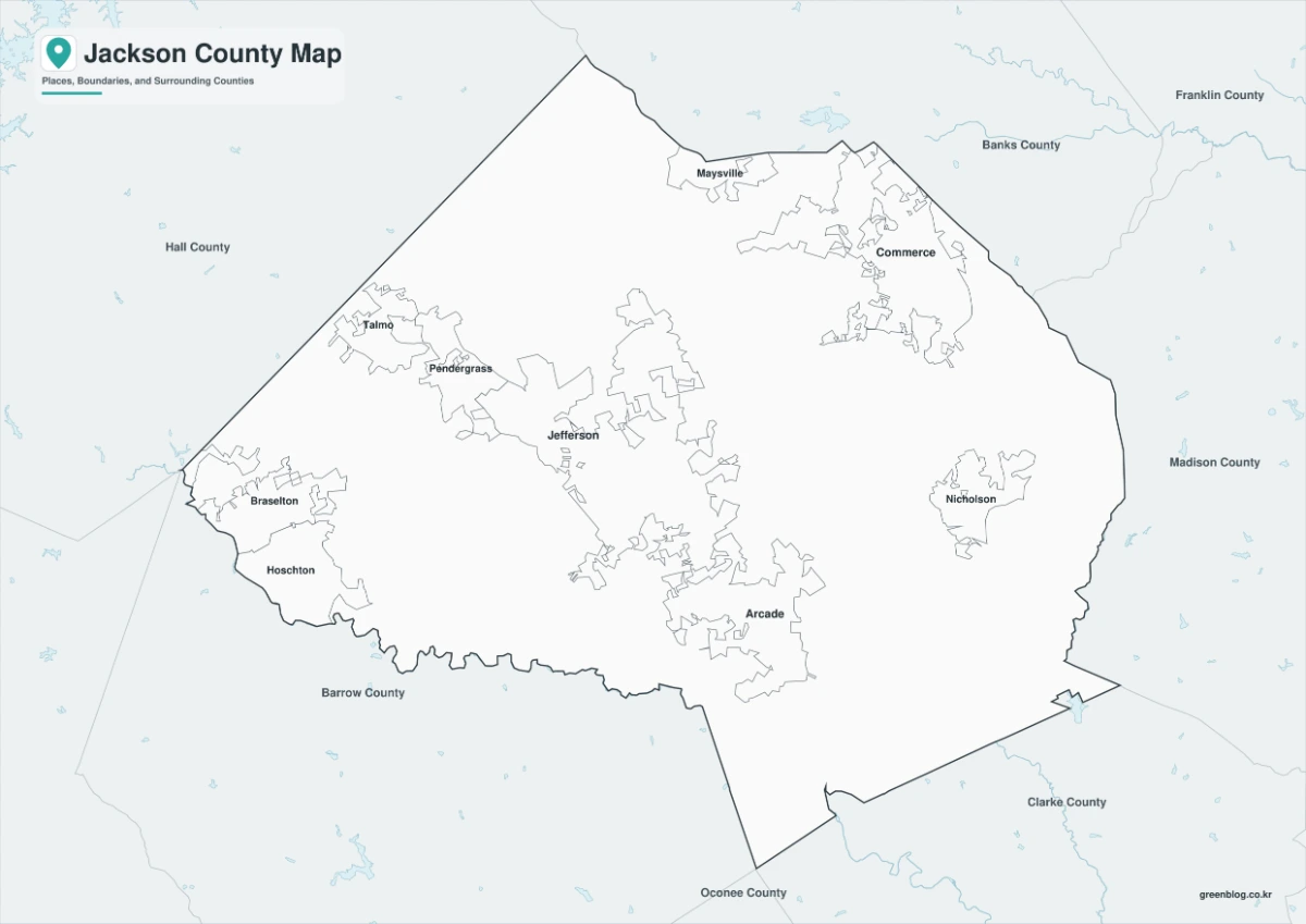 Black and white Jackson County map with selected city labels and boundaries