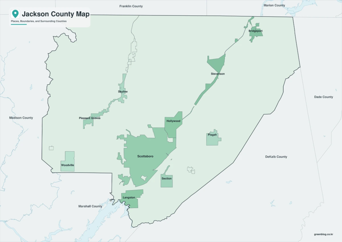 Jackson County map featuring color, black-and-white, and outline versions