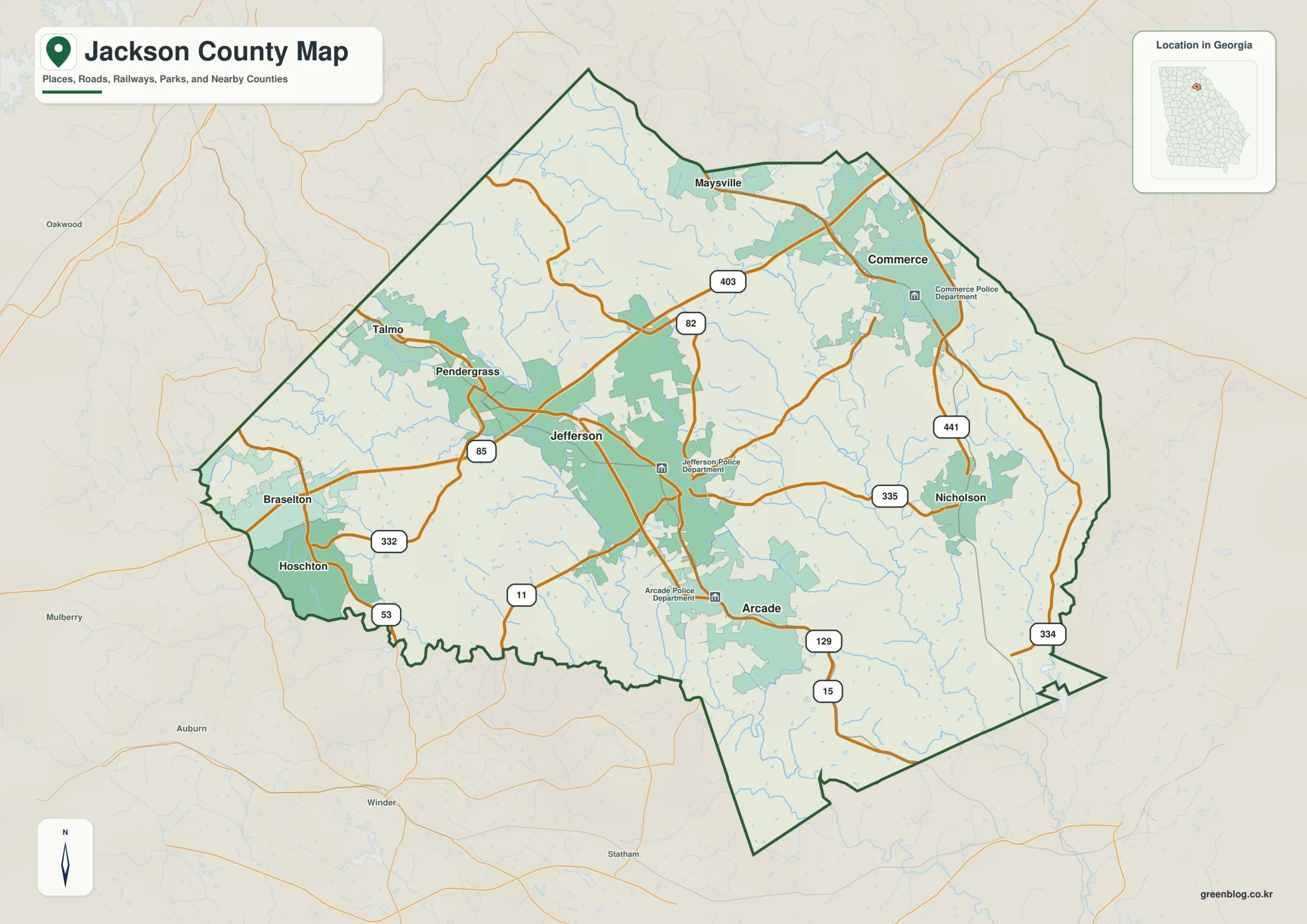 Jackson County Georgia map showing the county boundary and selected places