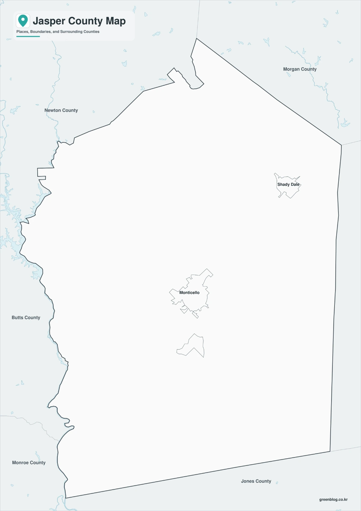 Black and white Jasper County map with selected labels and boundaries