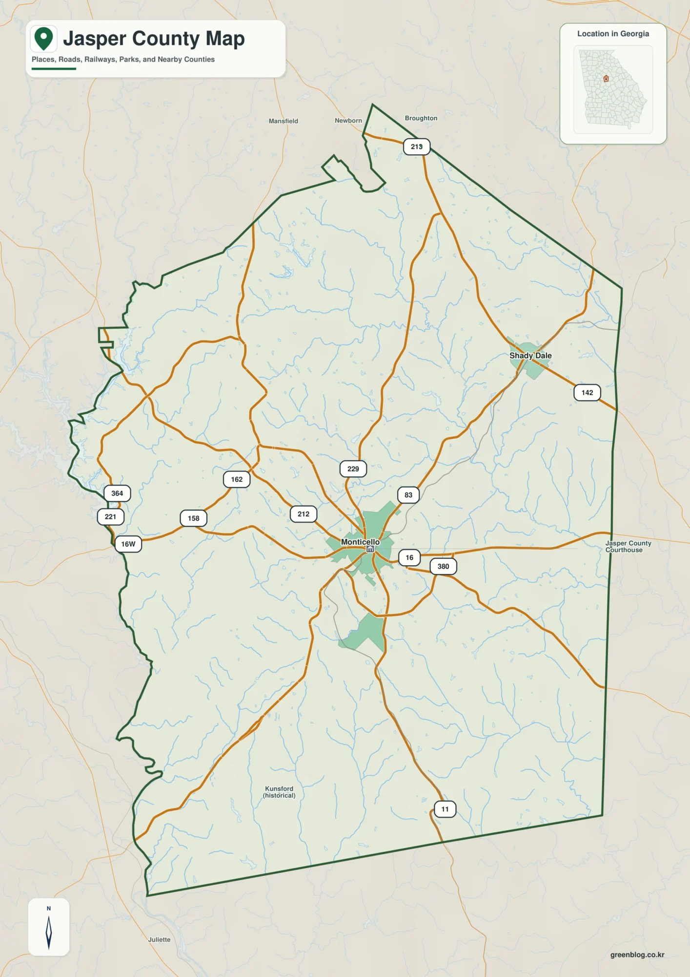 Jasper County Georgia map showing the county boundary and selected places