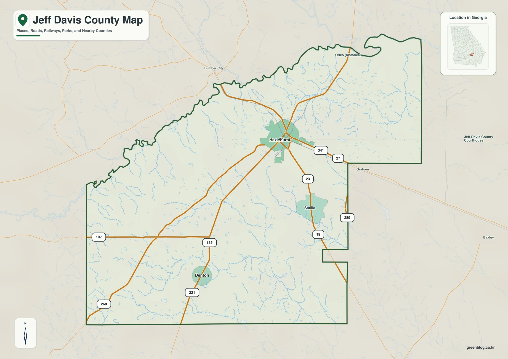 Jeff Davis County Georgia map showing the county boundary and selected places