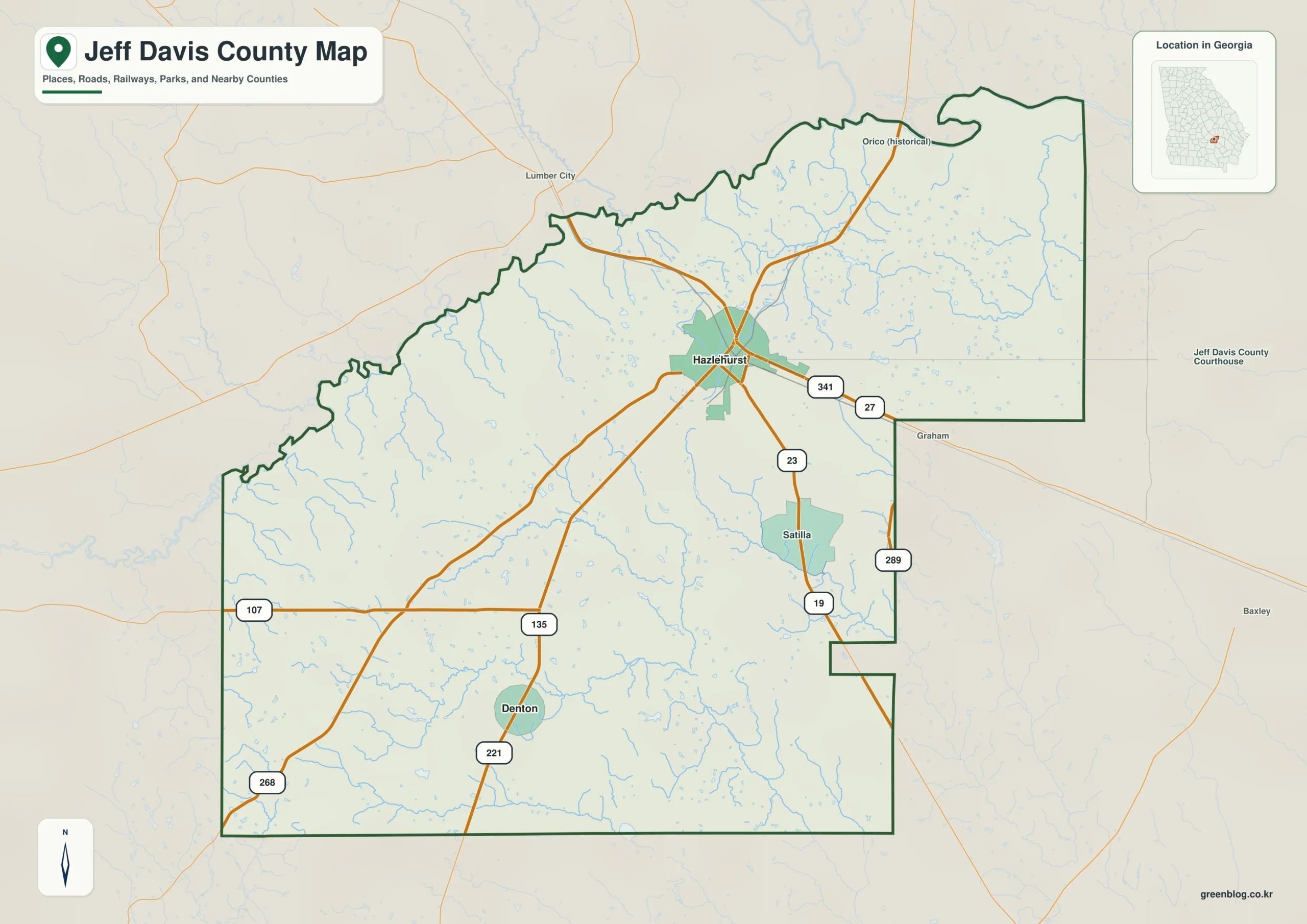 제프 데이비스 카운티 Jeff Davis County 조지아 지도에 표시된 카운티 경계와 주요 지명