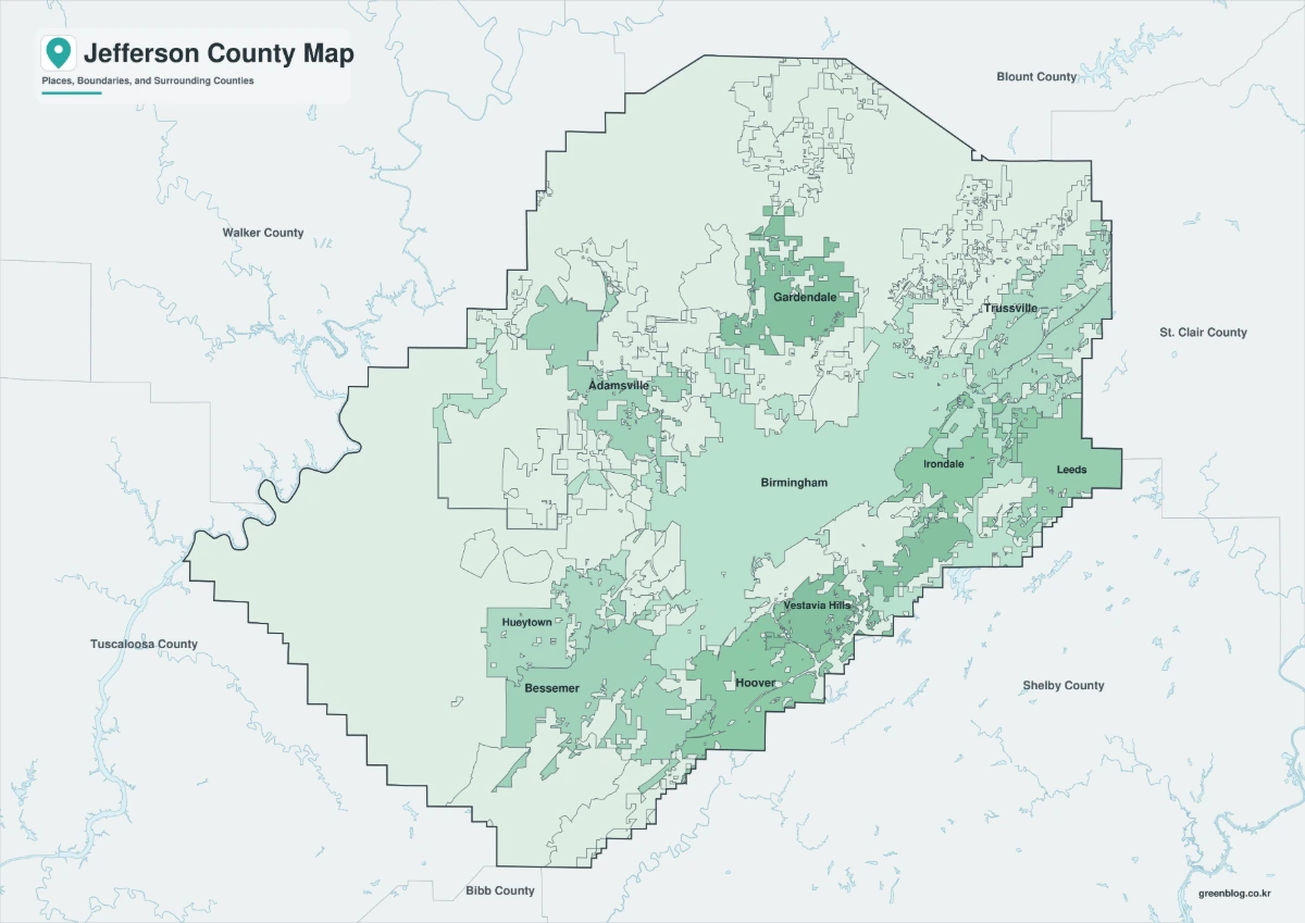 Jefferson County map featuring color, black-and-white, and outline versions