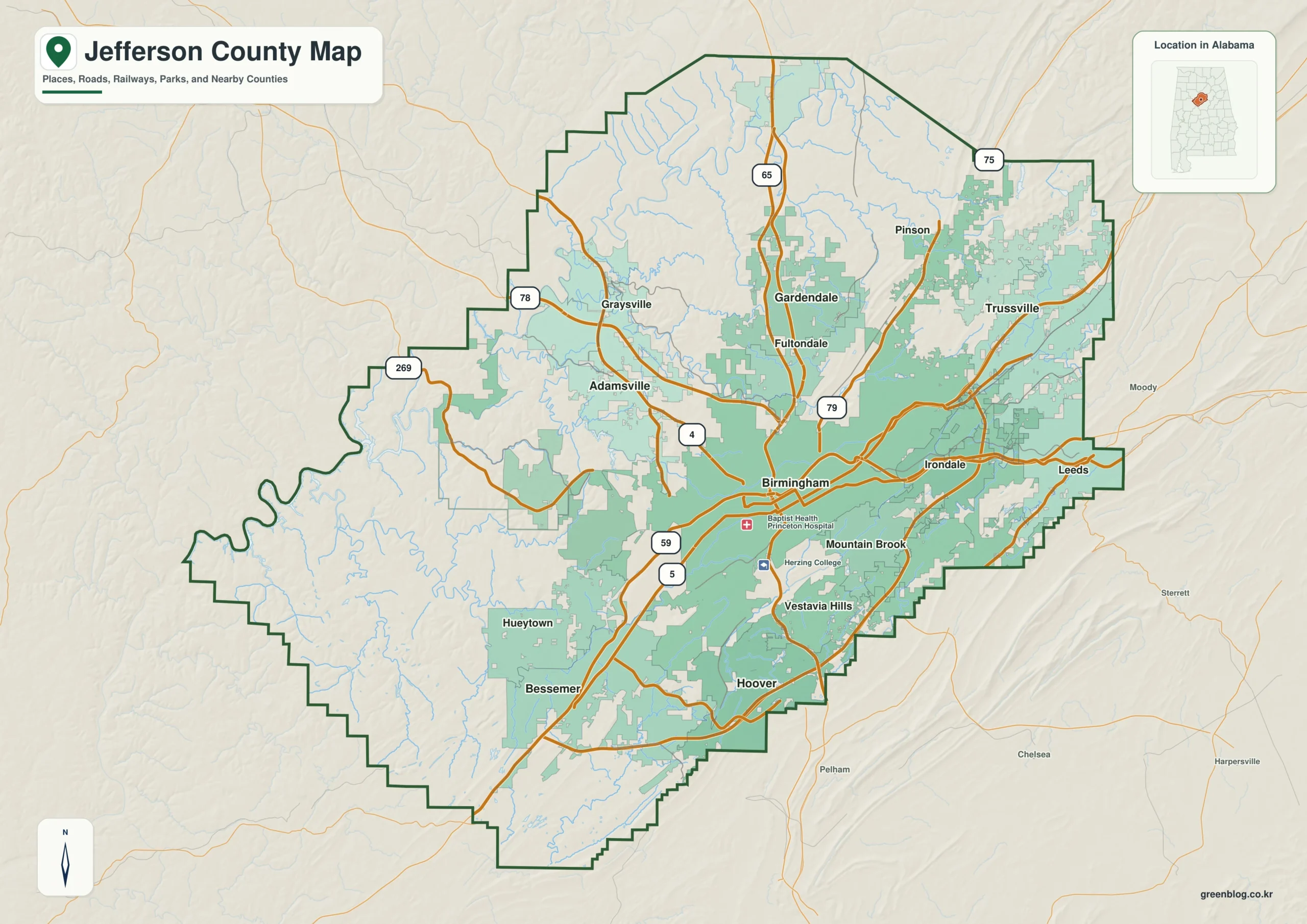 Jefferson County Alabama map showing the county boundary and selected places