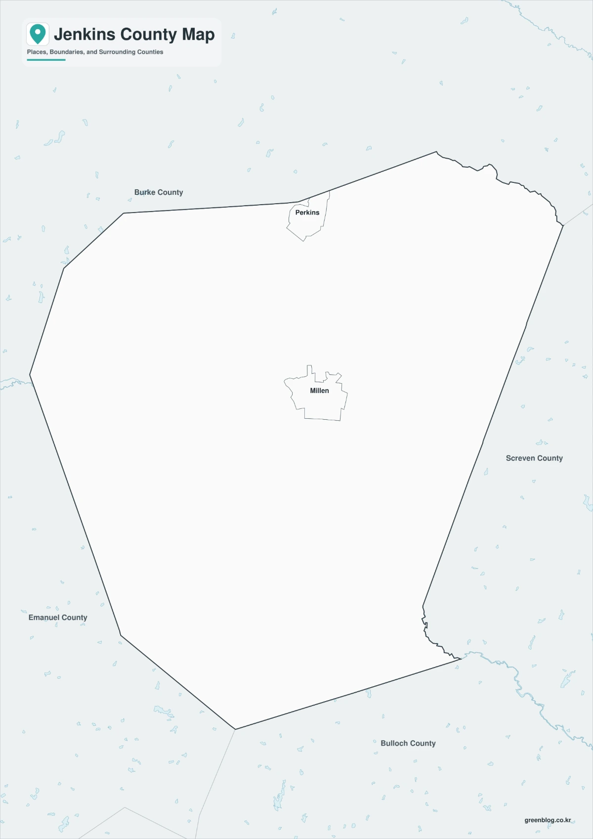 Black and white Jenkins County map with selected labels and boundaries