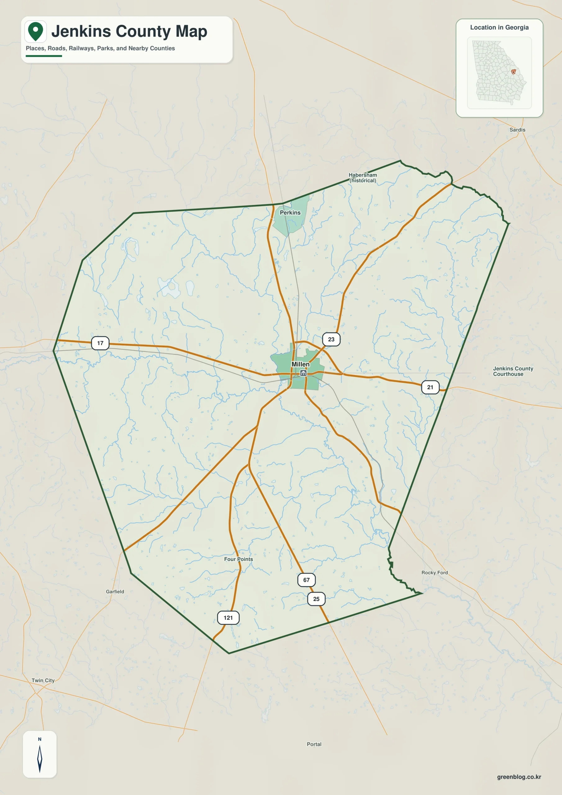Jenkins County Georgia map showing the county boundary and selected places