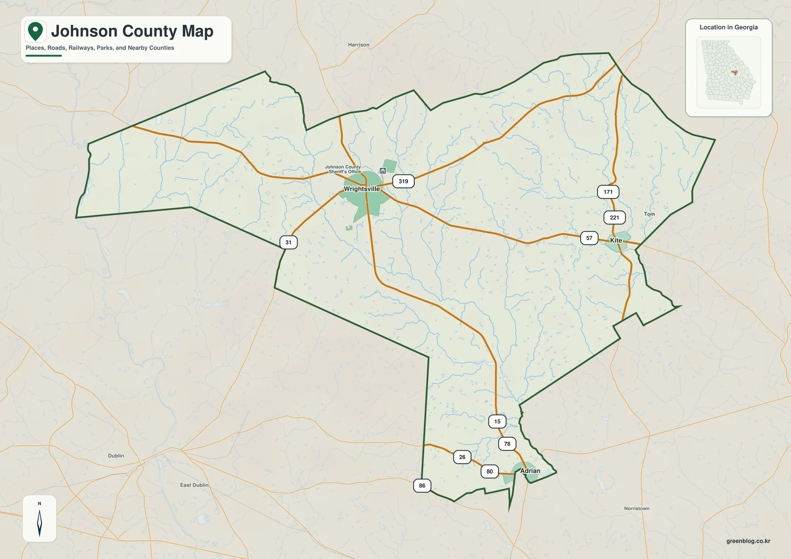 Johnson County Georgia map showing the county boundary and selected places