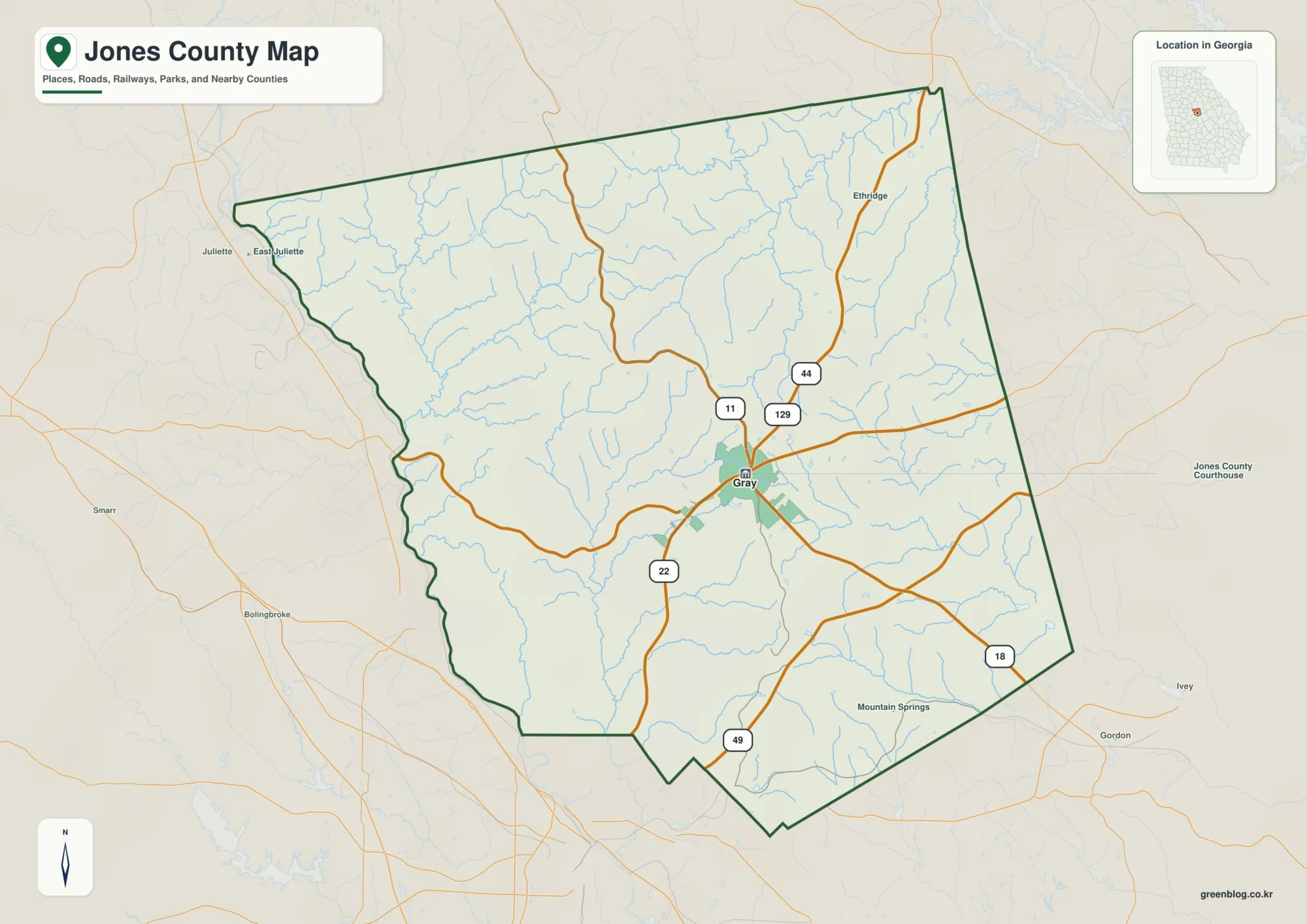 Jones County Georgia map showing the county boundary and selected places