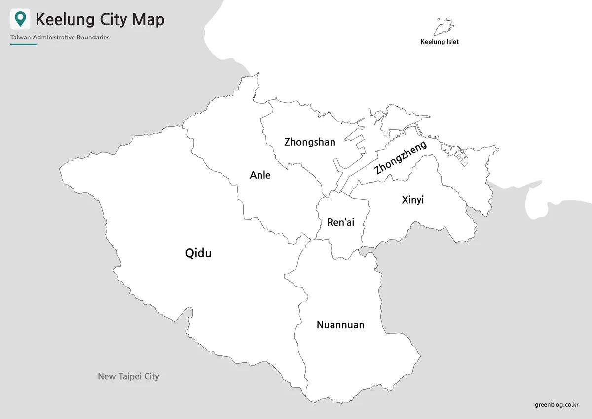 Black and white Keelung map with labeled district boundaries for A3 printing