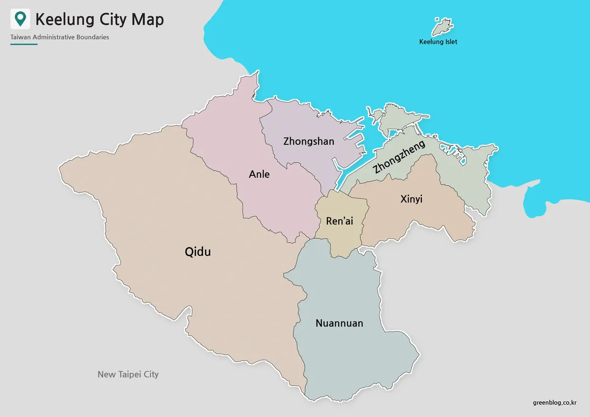 Keelung City map collection with seven districts, Keelung Islet, and three printable versions