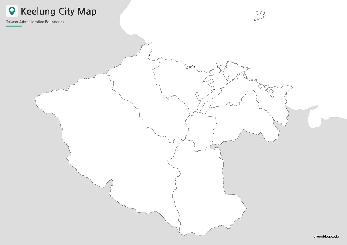 Editable Keelung outline map with seven district boundaries and Keelung Islet