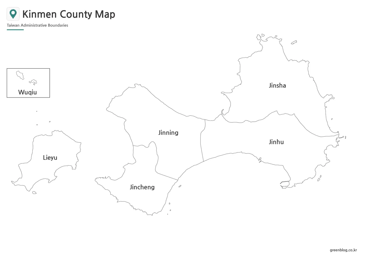 Printable black and white Kinmen County map with labeled administrative boundaries