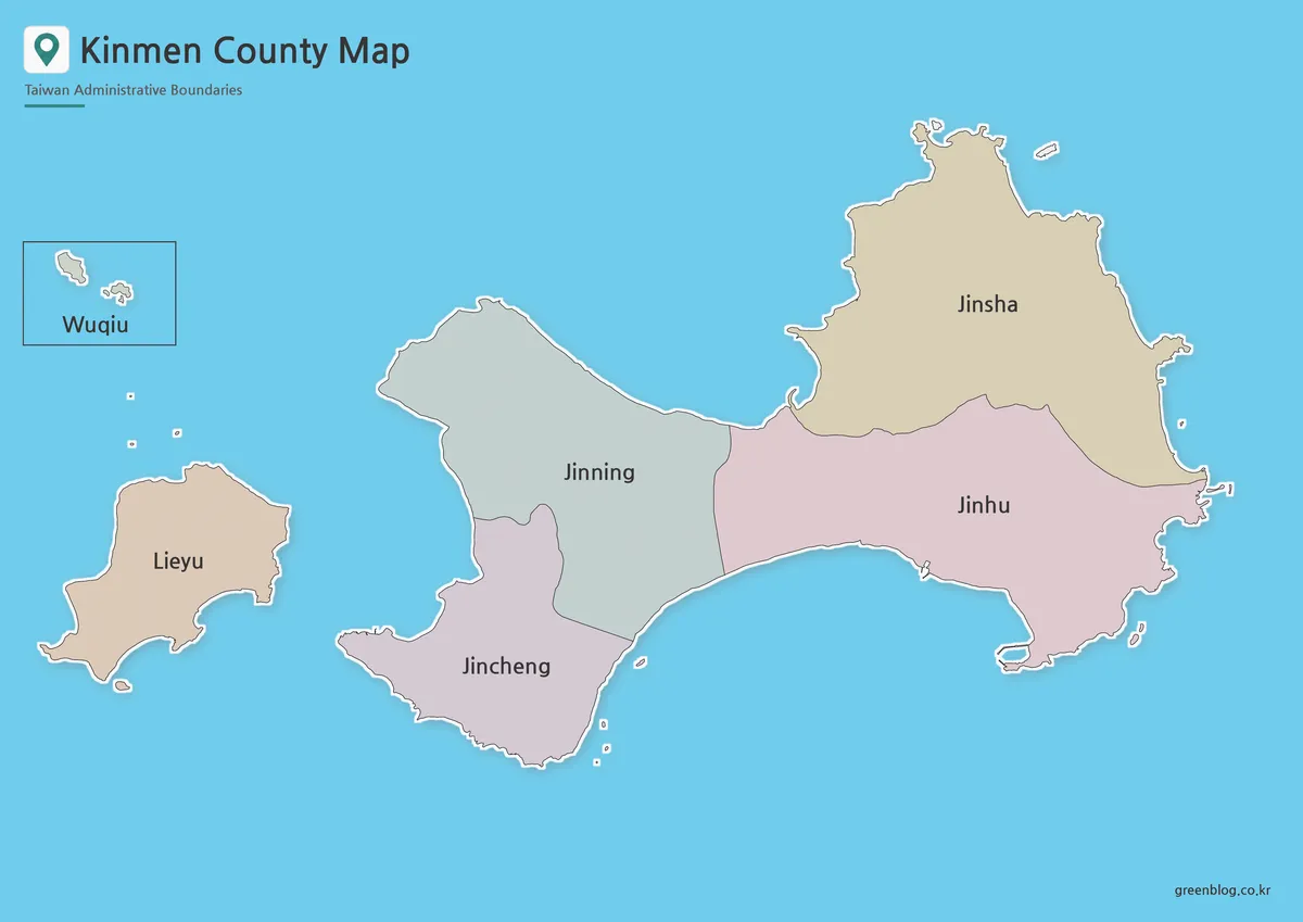 Kinmen County map with color-coded township boundaries for printing and educational use