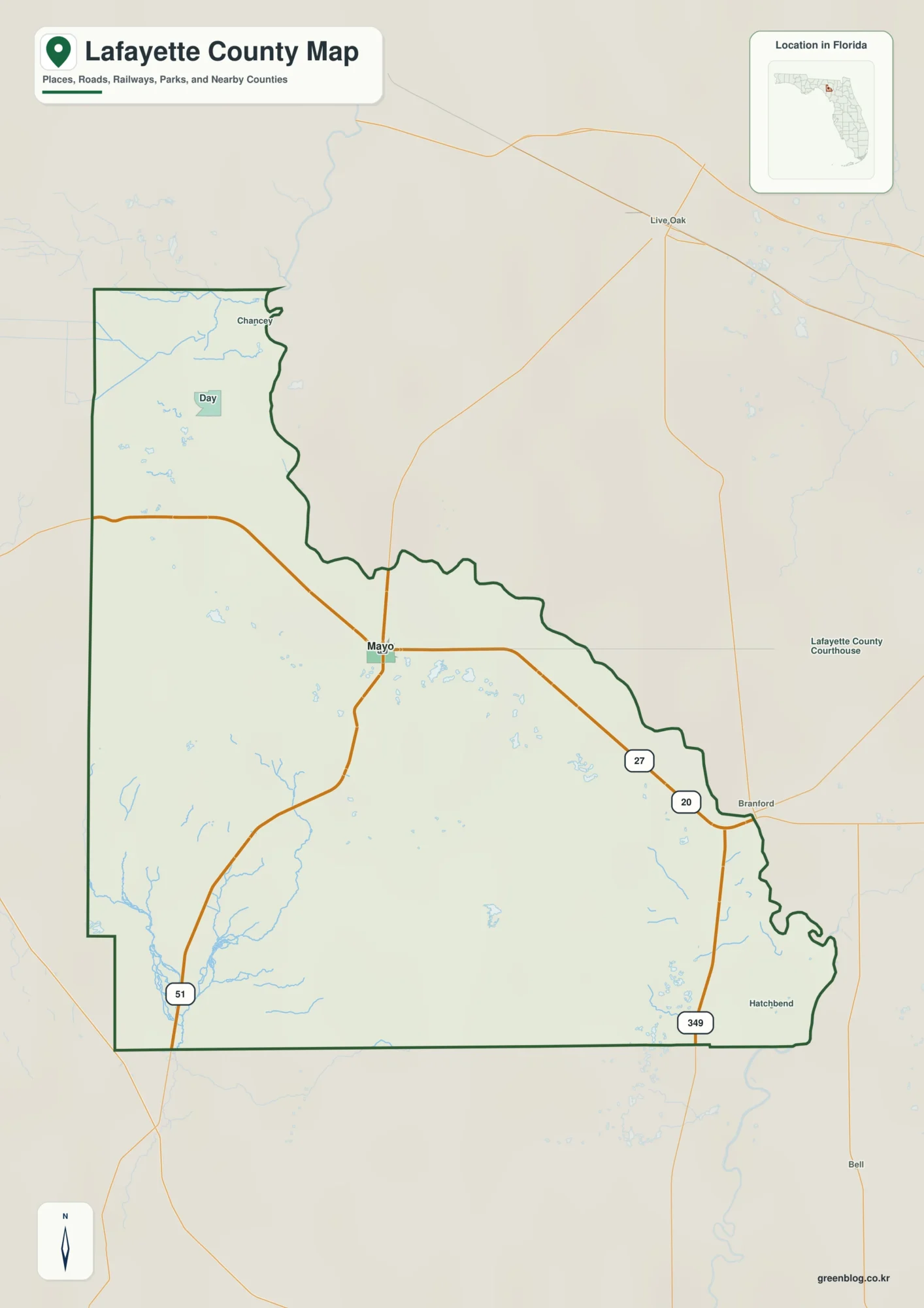 Lafayette County Florida map showing Mayo, Day, Hatchbend