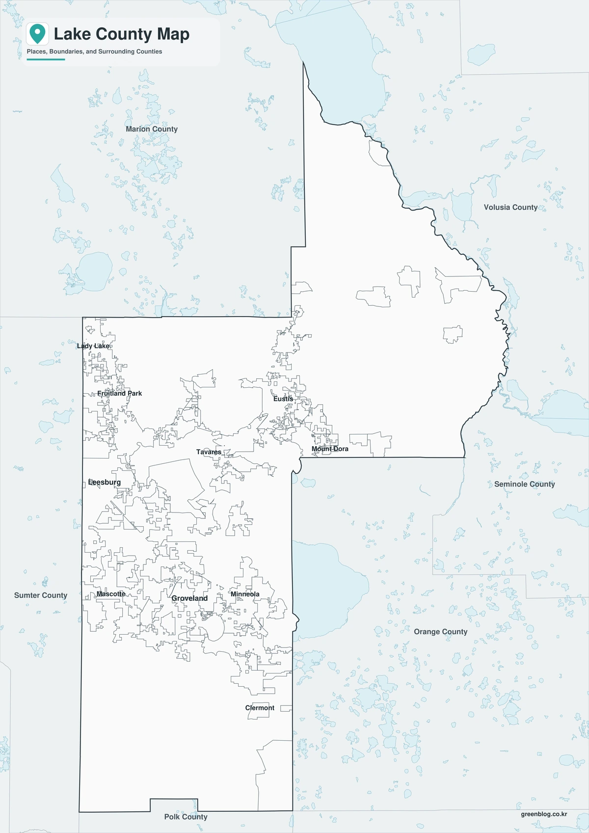 Black-and-white Lake County map with selected place labels