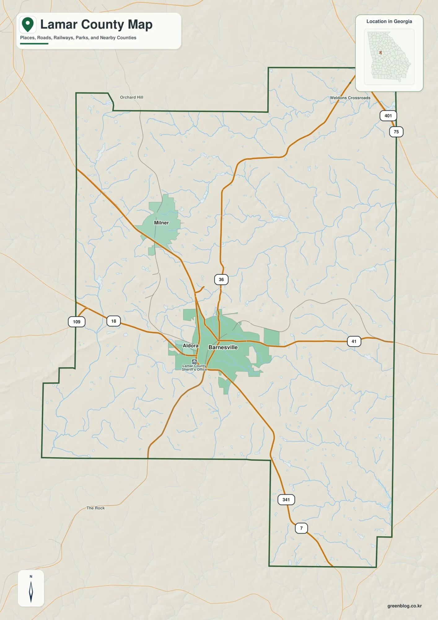 Lamar County Georgia map showing the county boundary and selected places