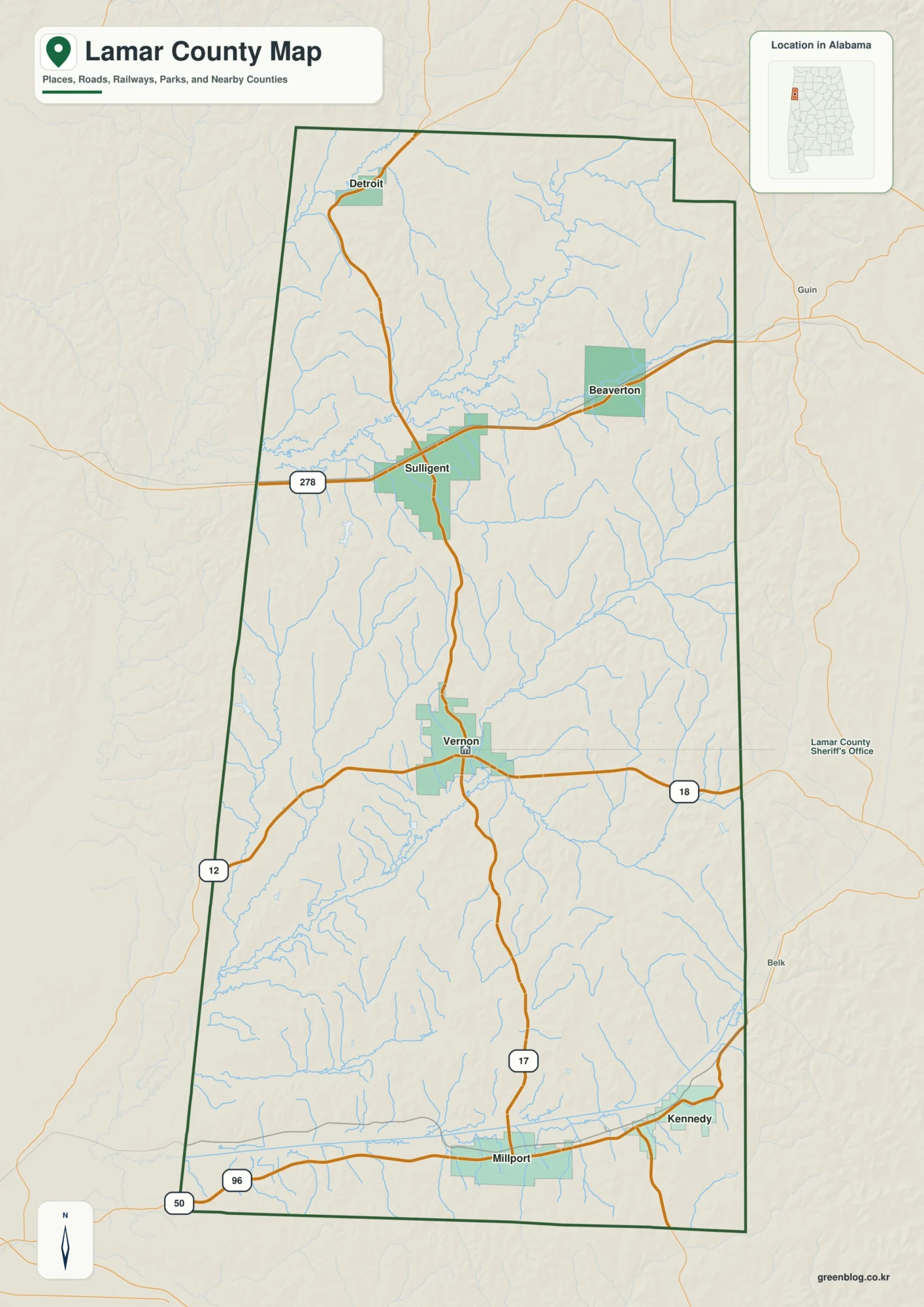 Lamar County Alabama map showing the county boundary and selected places
