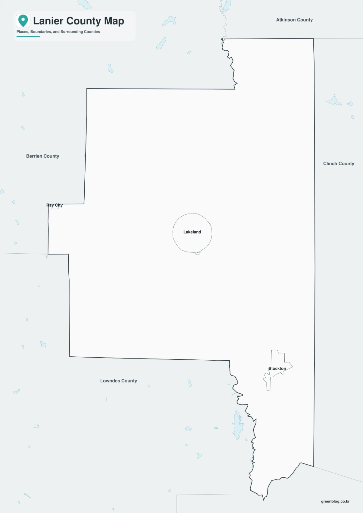 Black and white Lanier County map with selected labels and boundaries