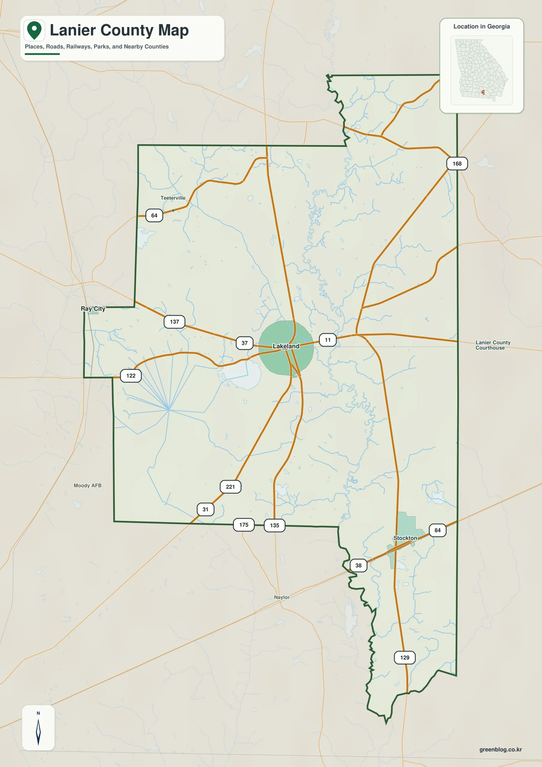래니어 카운티 Lanier County 조지아 지도에 표시된 카운티 경계와 주요 지명