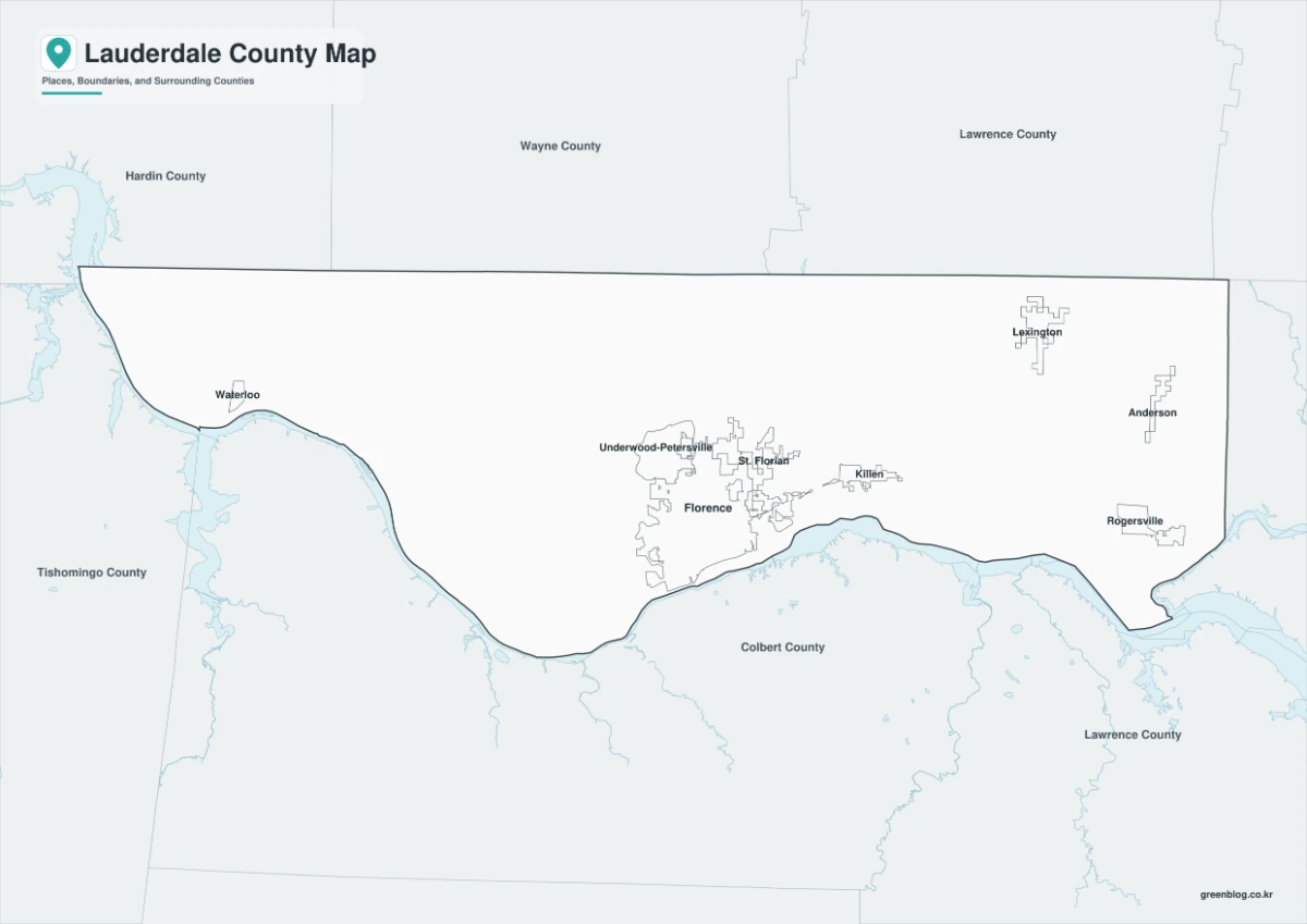 Lauderdale County map black-and-white version with river and county boundaries