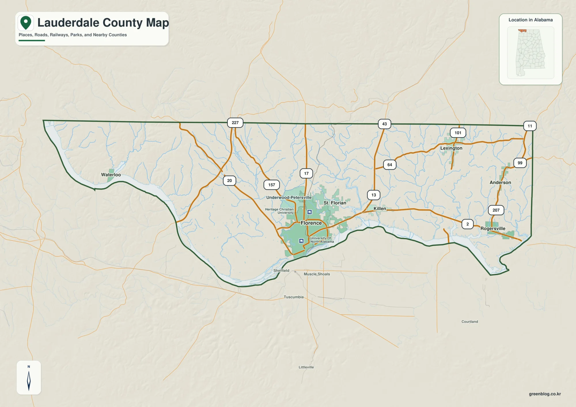 로더데일 카운티 Lauderdale County 앨라배마 지도에서 카운티 경계와 주요 지명을 확인하는 지도