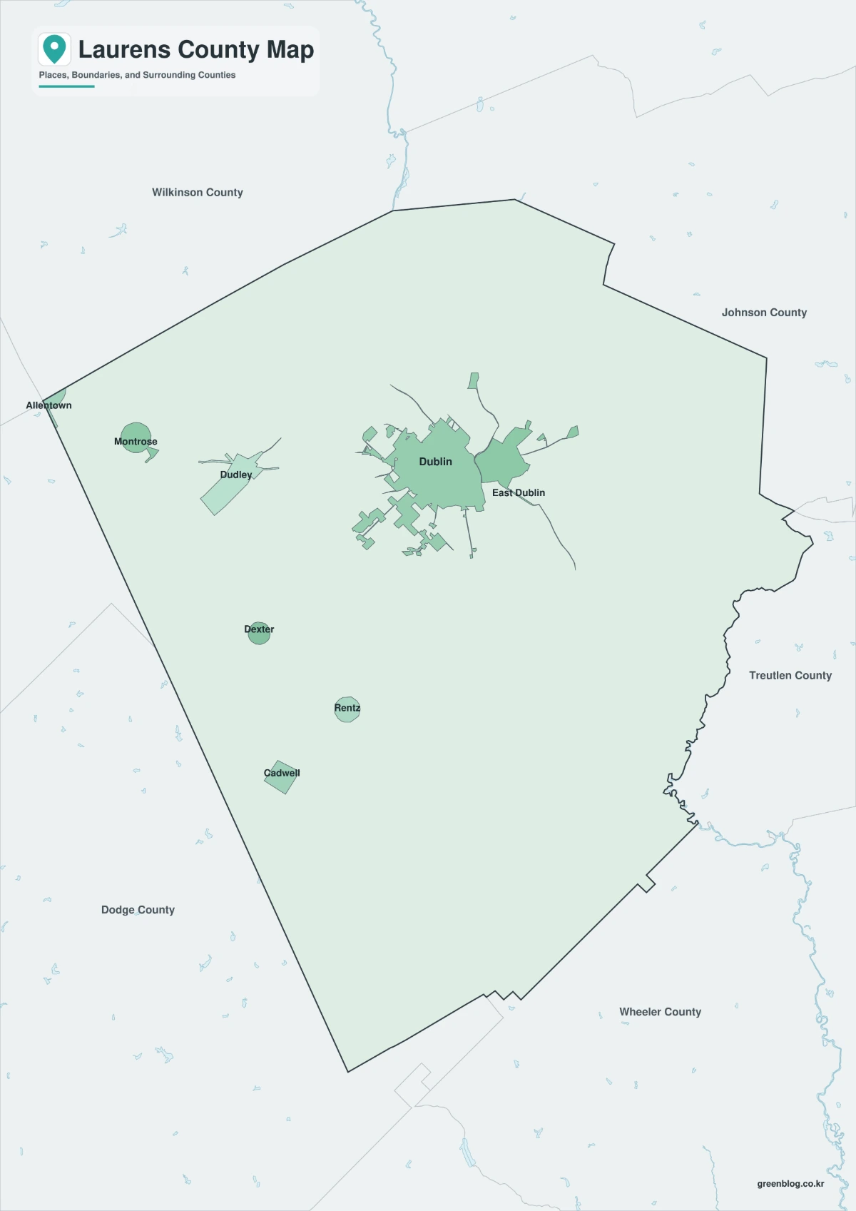 Color map of Laurens County with Dublin and surrounding communities