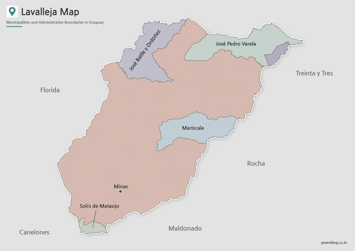 Printable Lavalleja Map with color-coded municipal boundaries