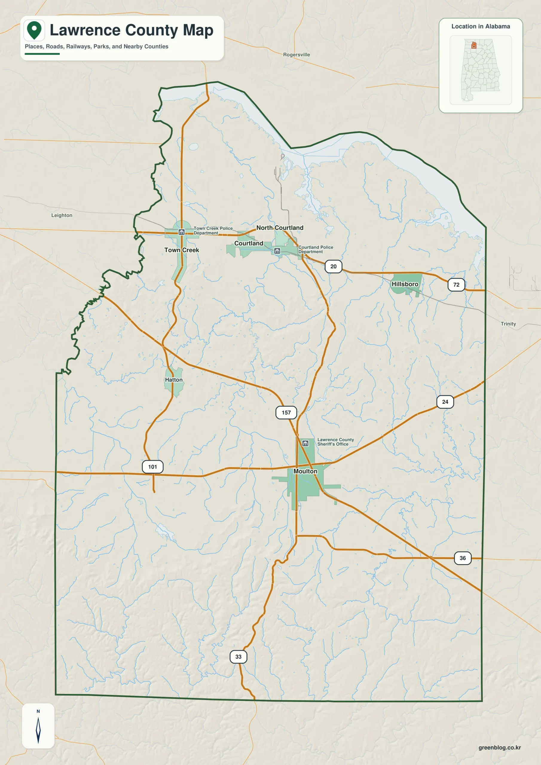 Lawrence County Alabama map showing the county boundary and selected places