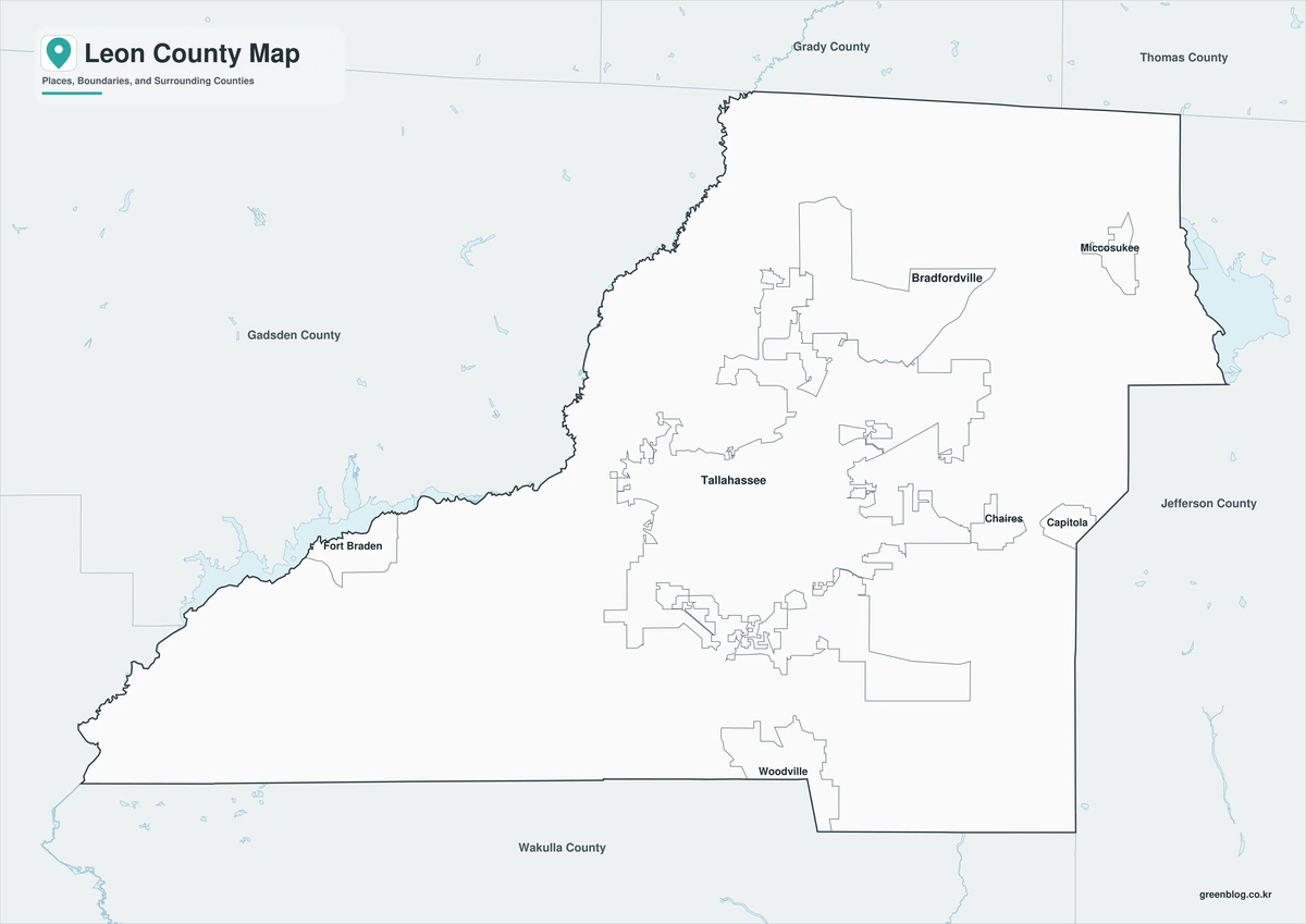 Black-and-white Leon County map with selected place labels