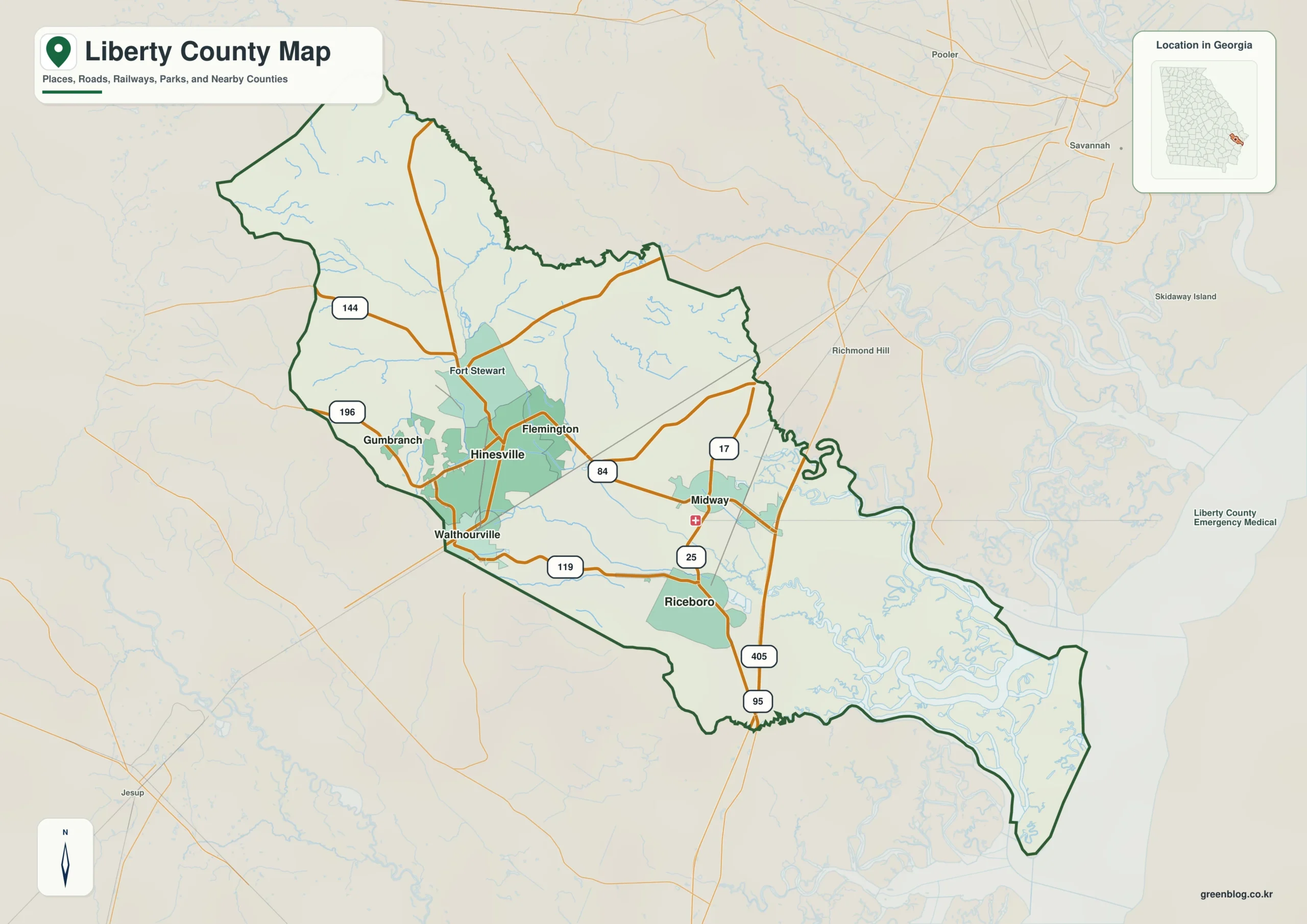 Liberty County Georgia map showing the county boundary and selected places