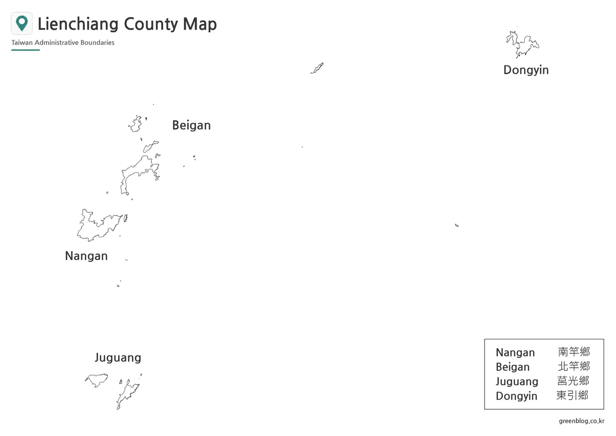 Printable black and white Lienchiang County map with labeled islands and township boundaries