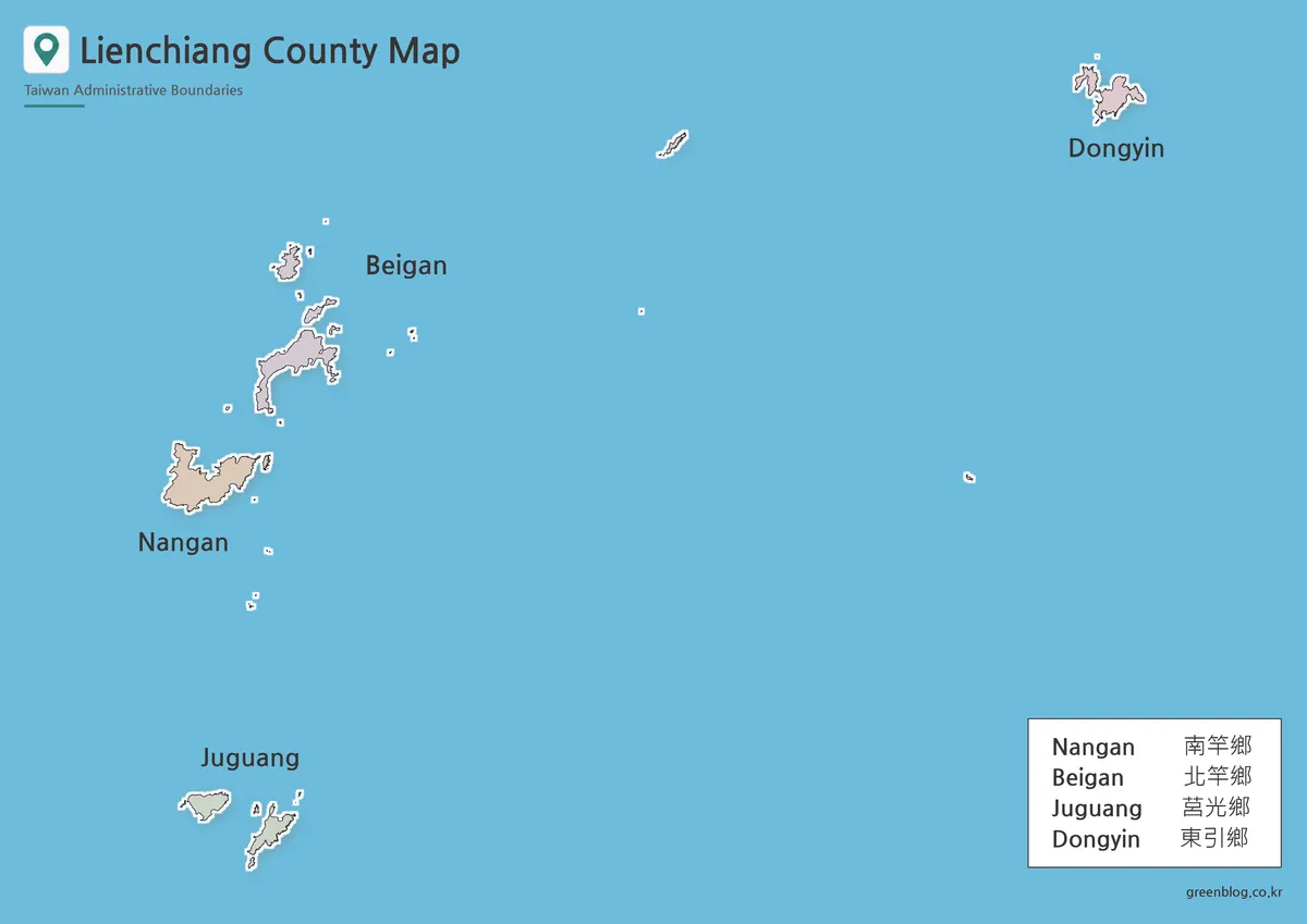 Lienchiang County map with Nangan, Beigan, Juguang, and Dongyin townships shown in different colors