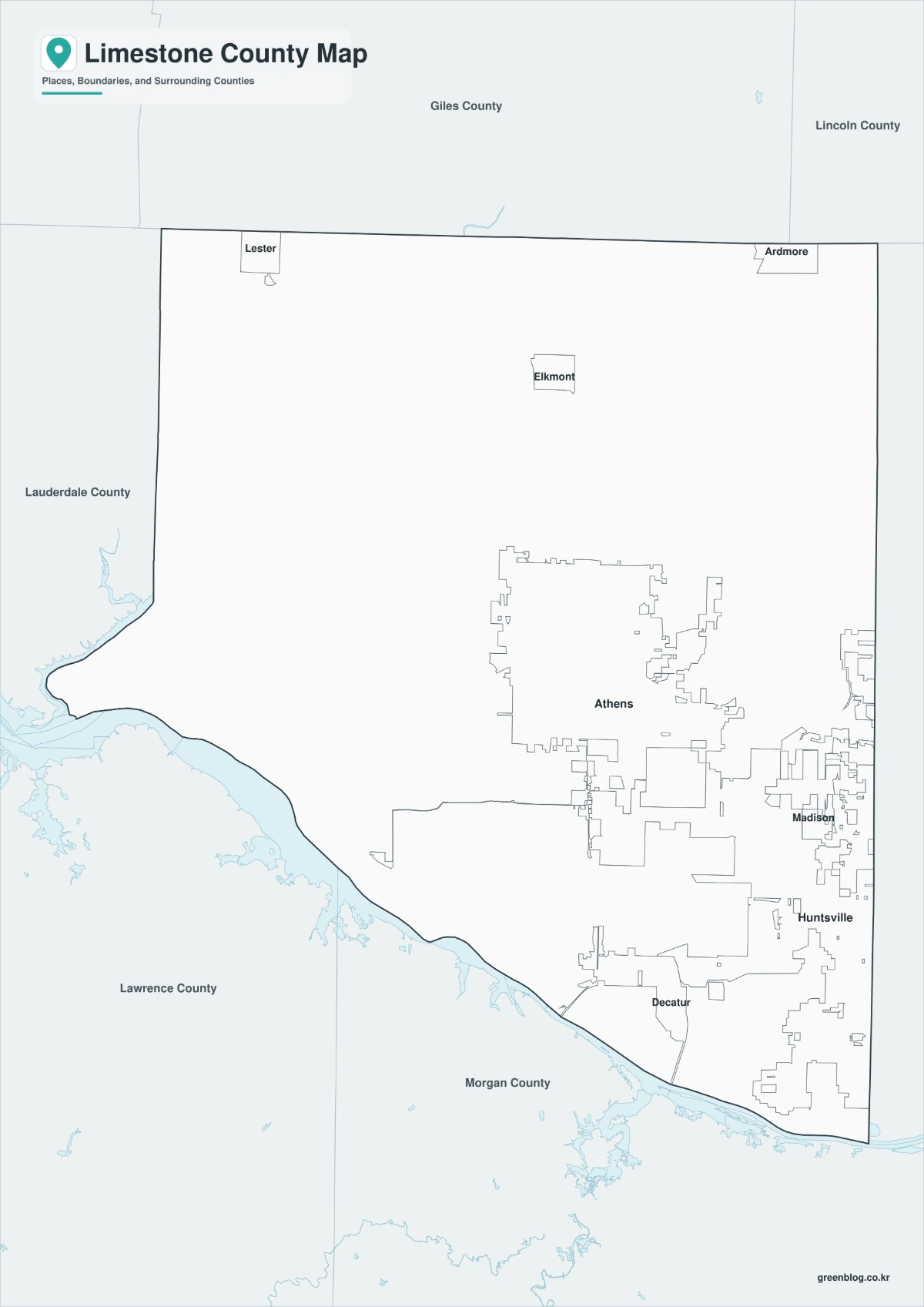 Limestone County map black-and-white version with county and state boundaries