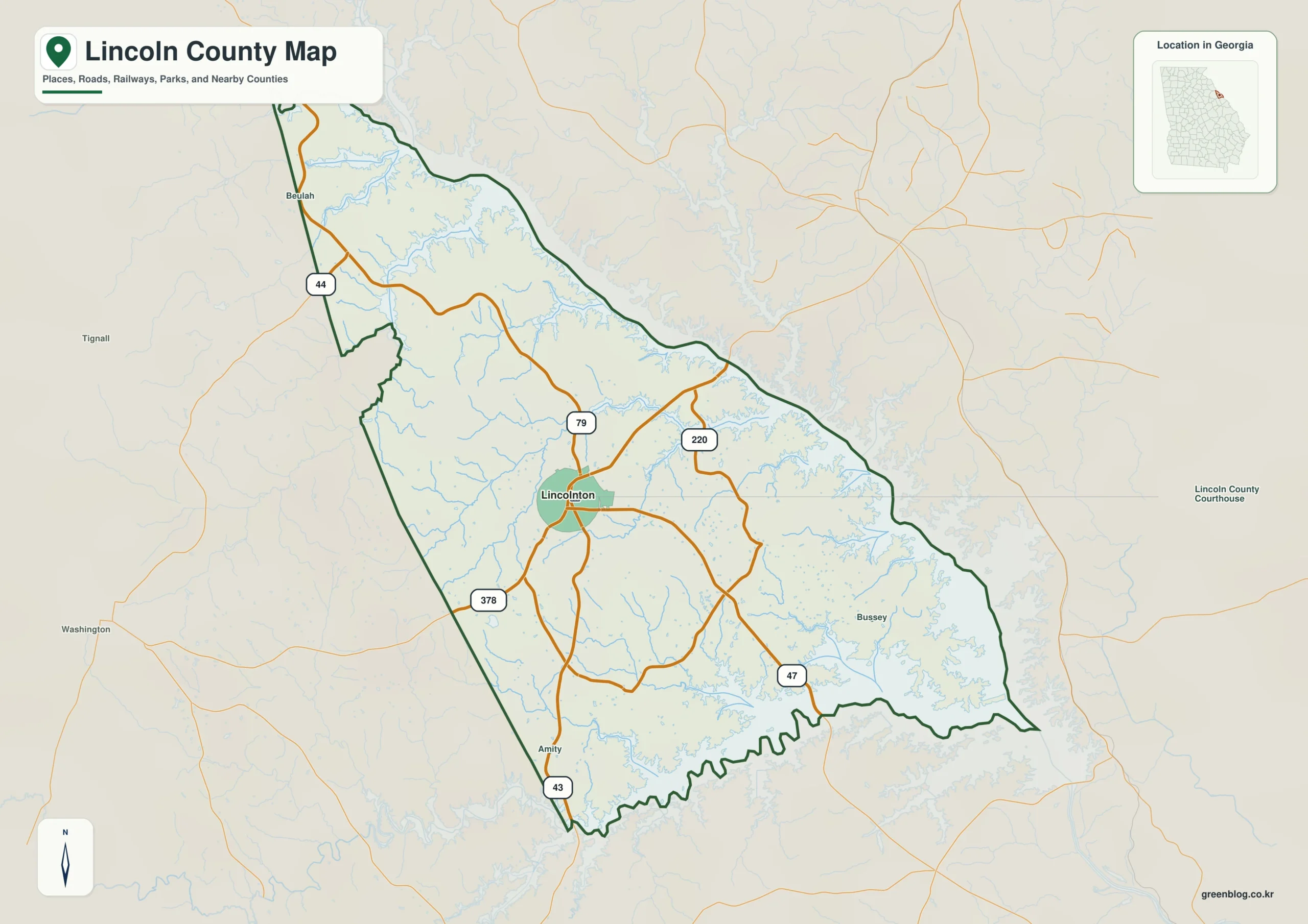링컨 카운티 Lincoln County 조지아 지도에 표시된 카운티 경계와 주요 지명