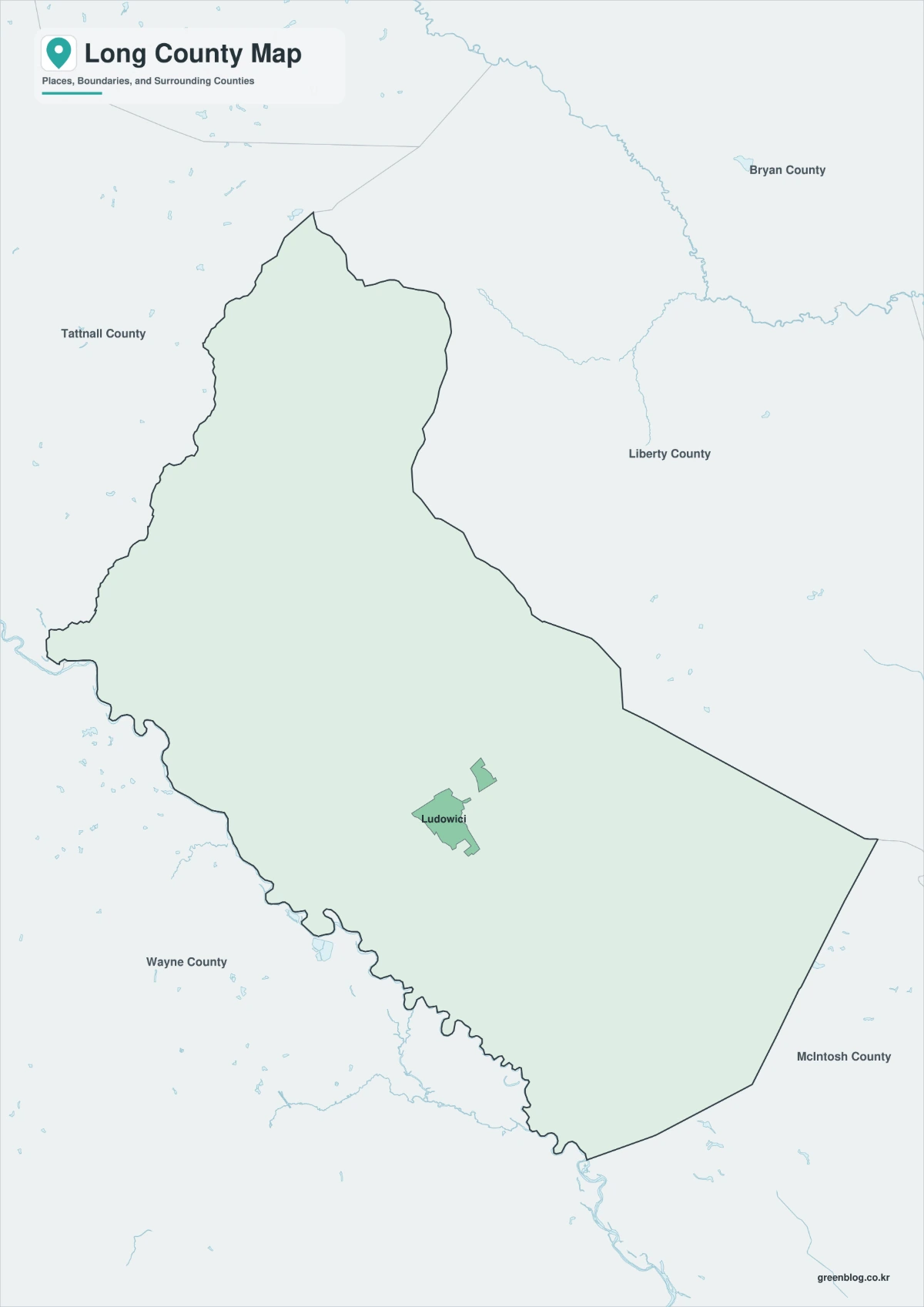 Long County Georgia map in color black and white and outline versions