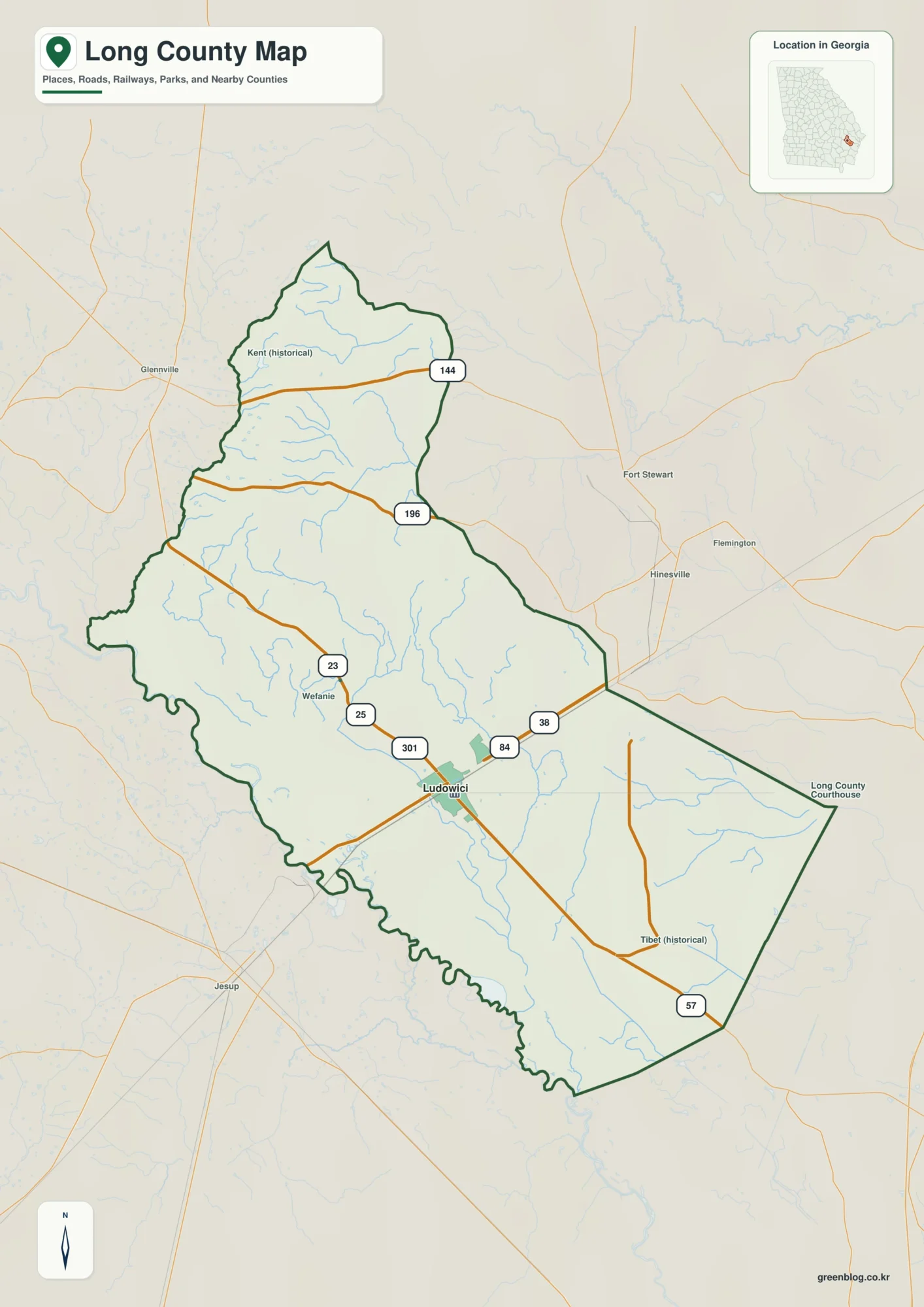 Long County Georgia map showing the county boundary and selected places