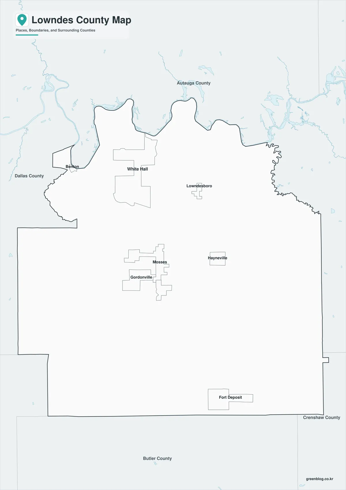 Lowndes County Map black and white version with selected labels and internal boundaries