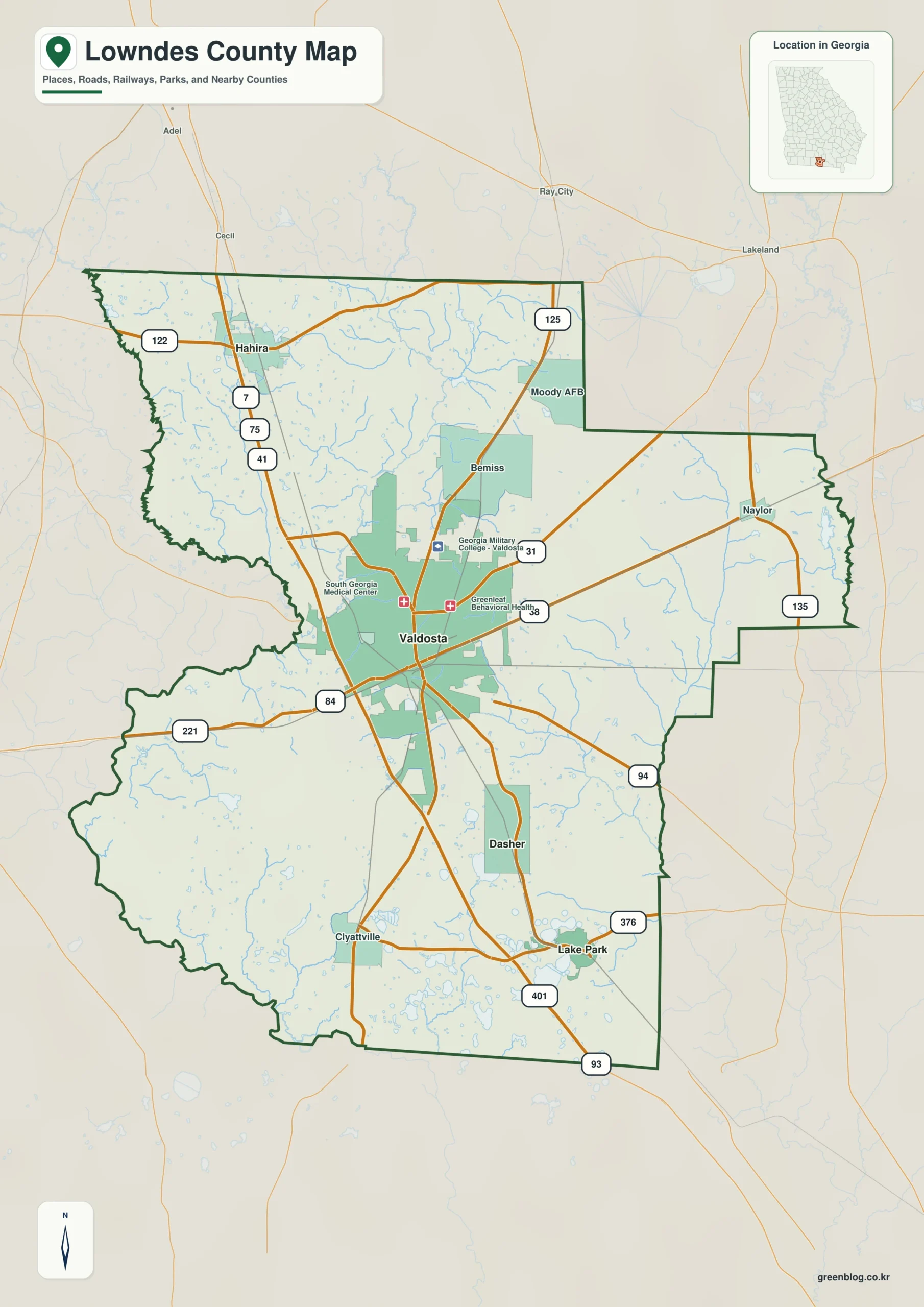 Lowndes County Georgia map showing the county boundary and selected places